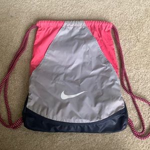 Gray and Pink Nike Drawstring Bag with Inside Pocket Zipper